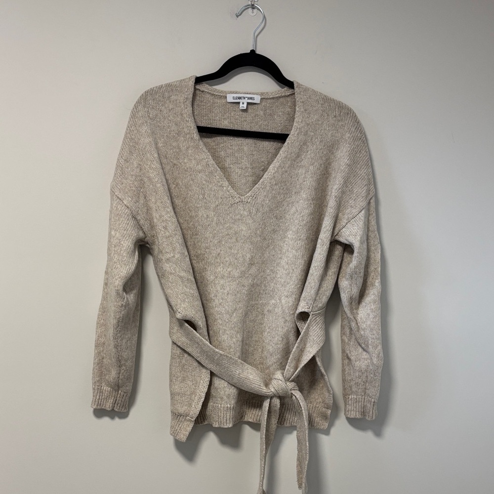 Elizabeth and James Beige V-Neck Sweater with Tie Waist - Picture 2 of 7